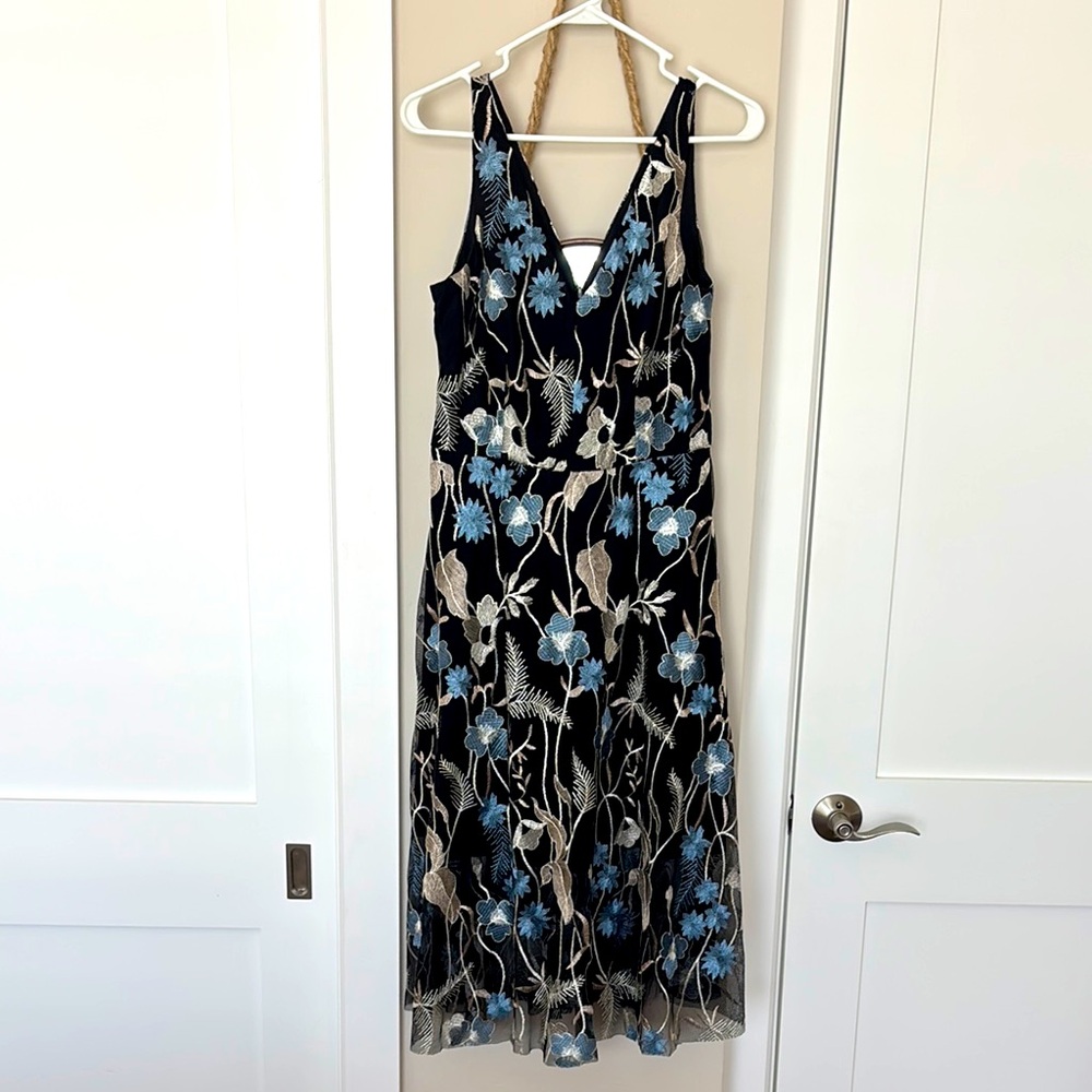 Floral Embroidered Black and Blue Dress by Vince Camino, size 8